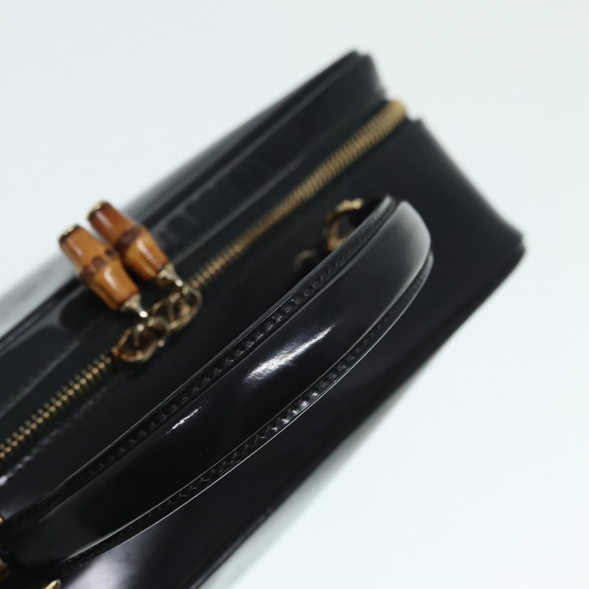 GUCCI Bamboo vanity Hand Bag Patent leather 2way Black Gold Auth yk14795