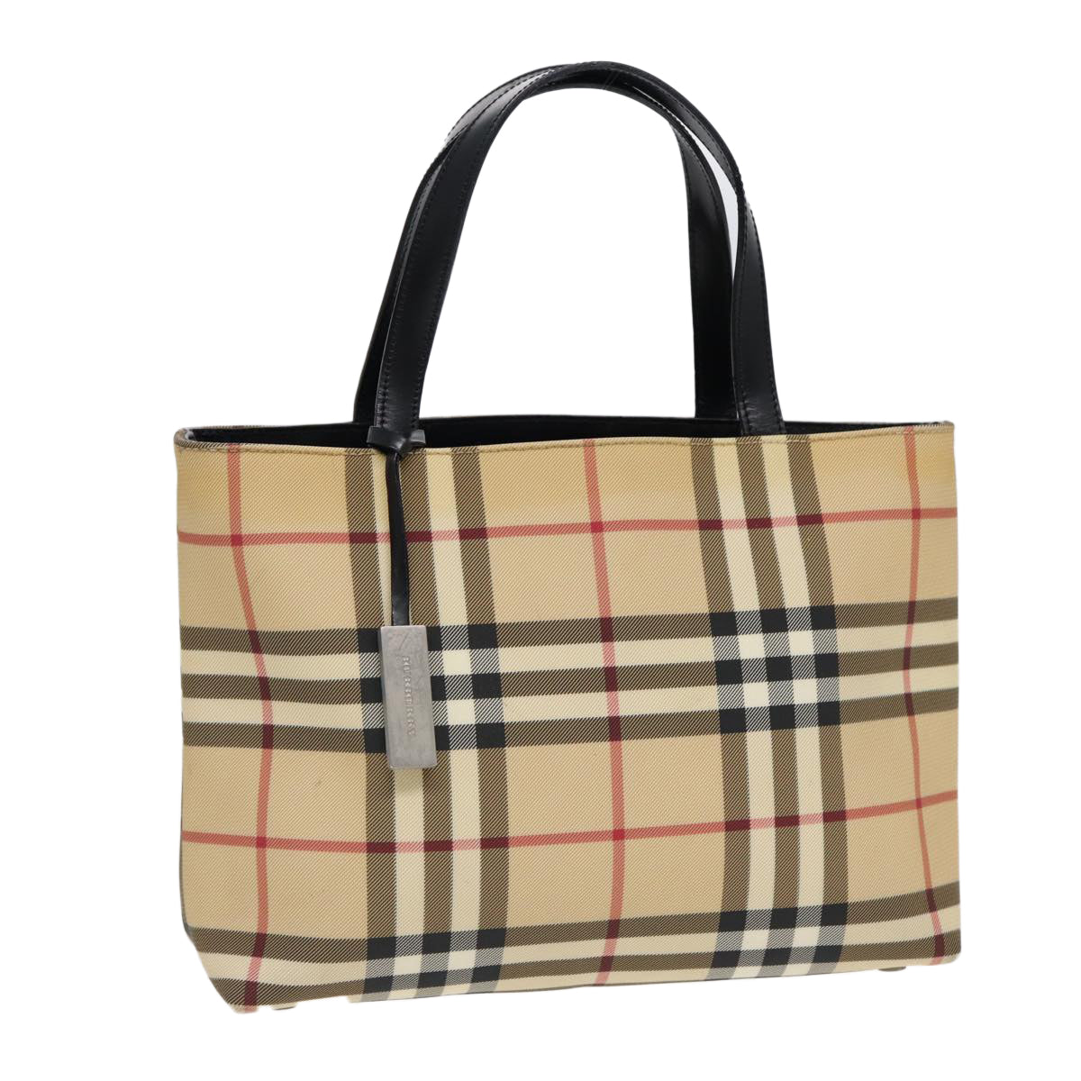 BURBERRY Nova Check Hand Bag PVC Beige Black Silver Auth yk14796