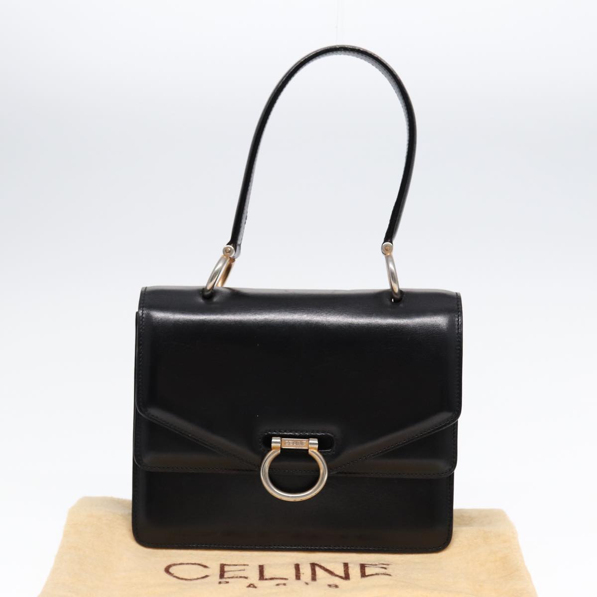 CELINE Hand Bag Leather Black Gold Auth yk14815