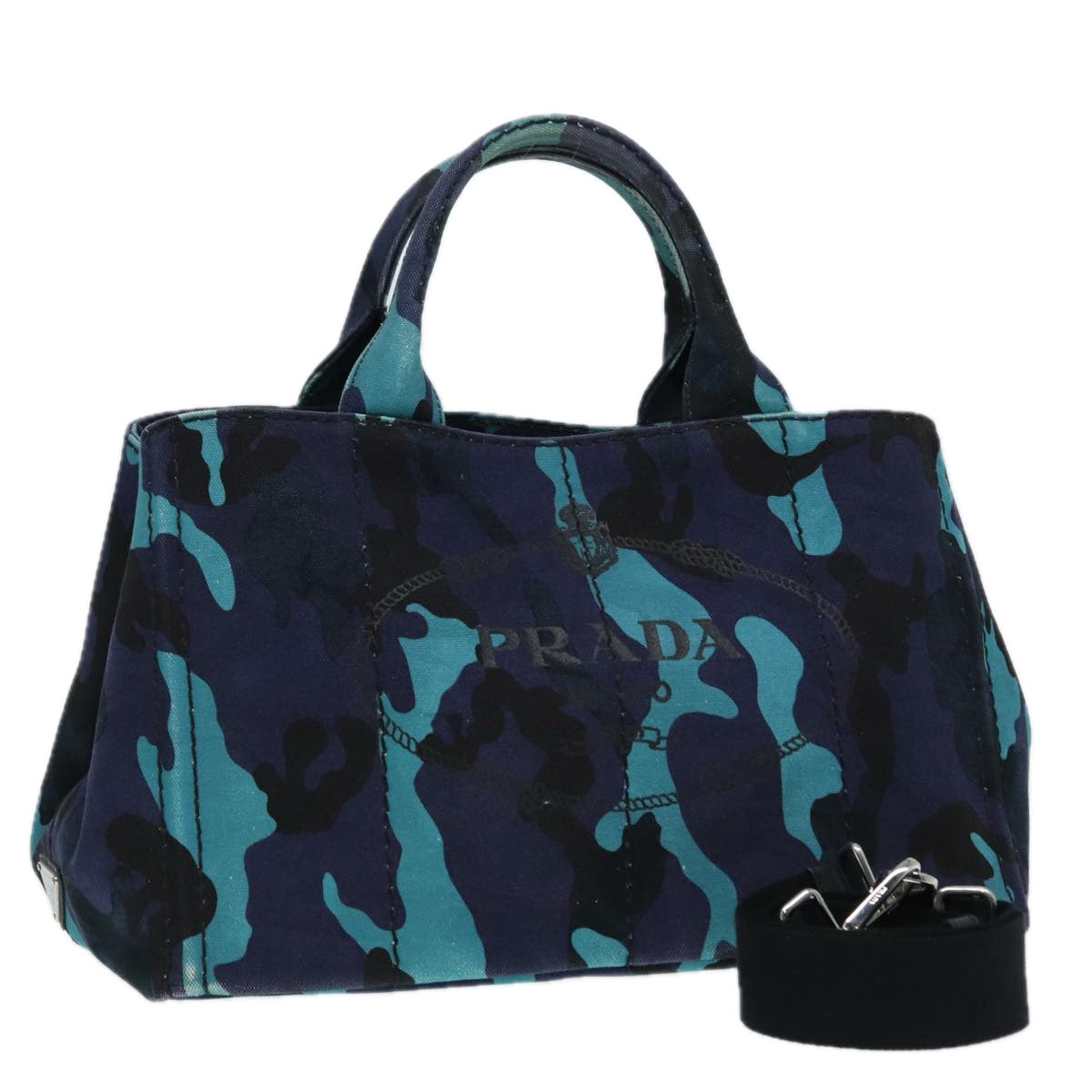 PRADA Camouflage Canapa MM Hand Bag Canvas 2way Blue Silver Auth yk14844