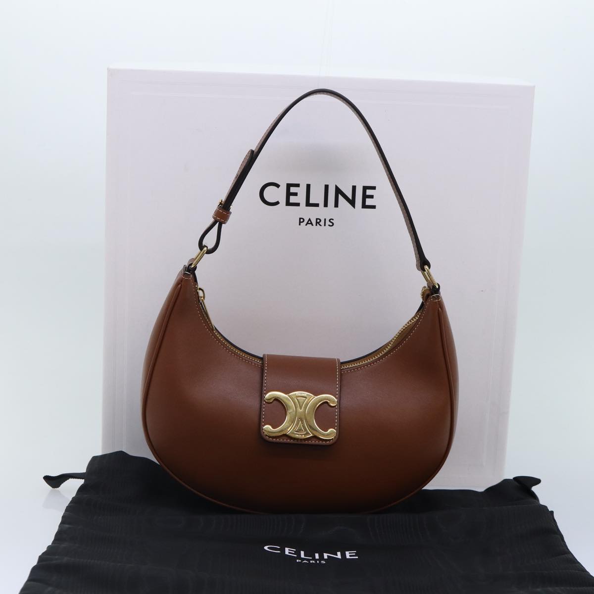 CELINE Triomphe Hand Bag Leather Brown Gold Auth yk14850S