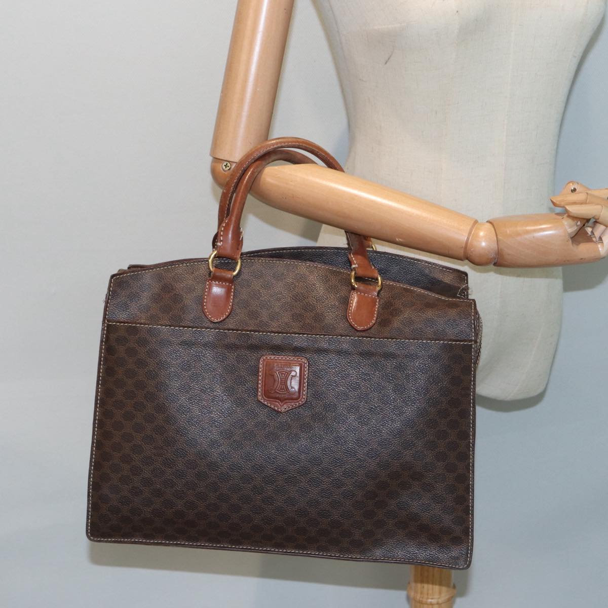 CELINE Macadam Canvas Hand Bag PVC Leather Brown Gold Auth yk14853