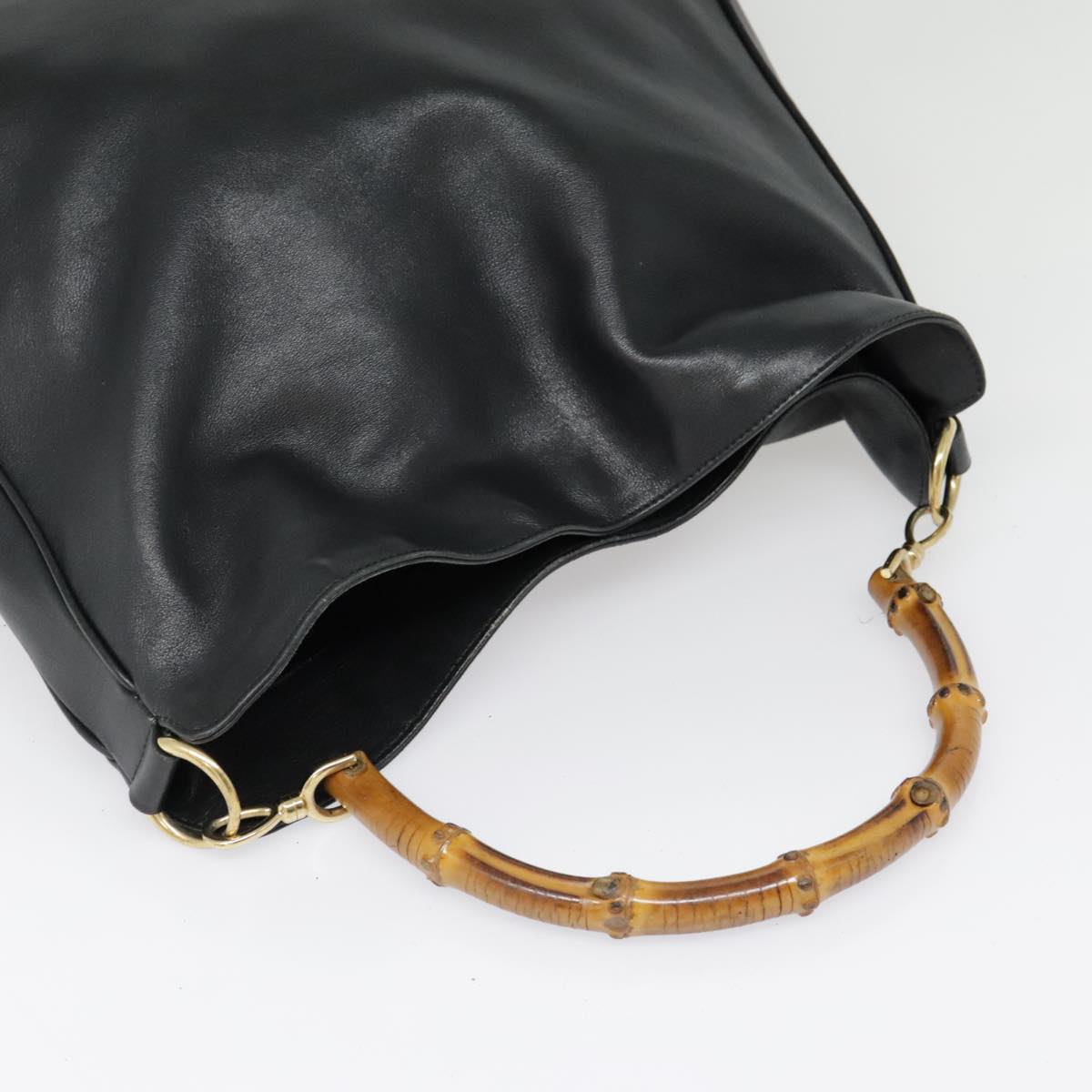 GUCCI Bamboo Hand Bag Leather Black Gold Auth yk14858