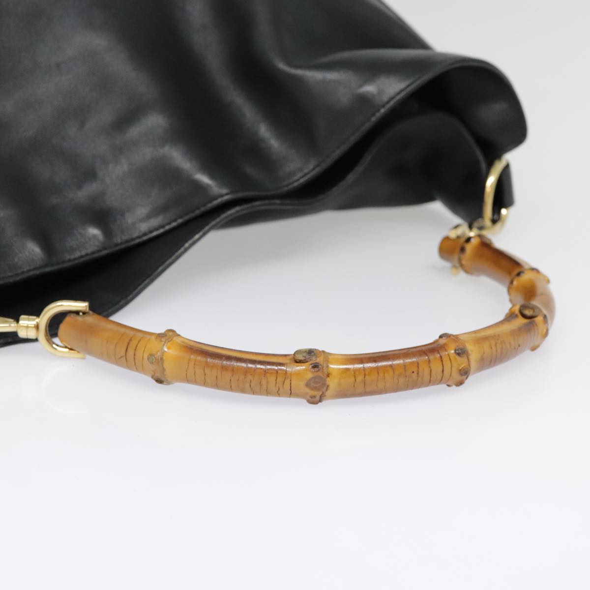 GUCCI Bamboo Hand Bag Leather Black Gold Auth yk14858