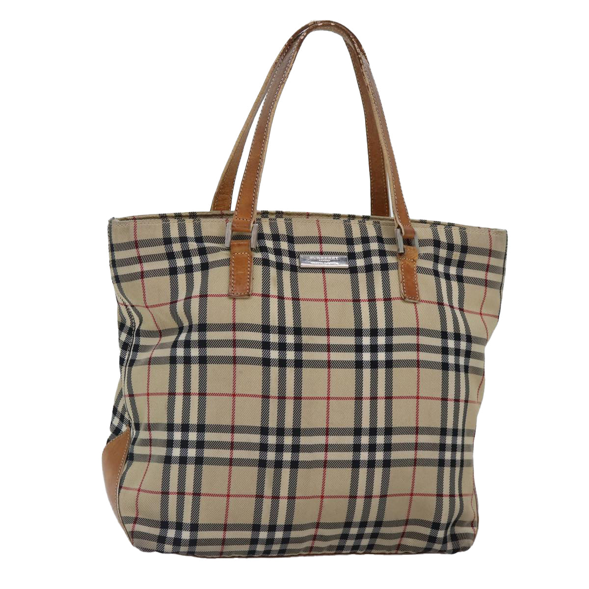 BURBERRY Nova Check Blue Label Hand Bag Canvas Beige Silver Auth yk14864