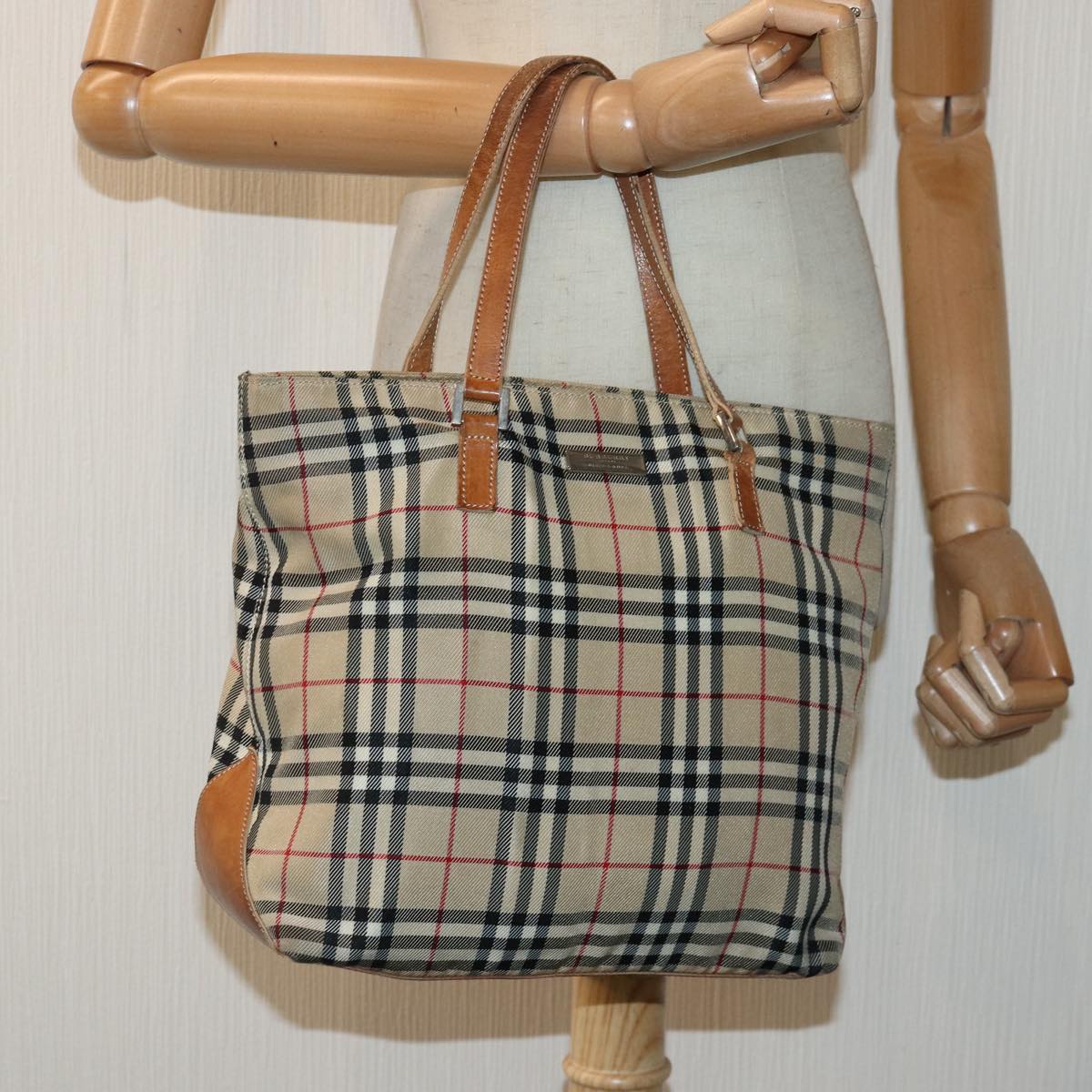 BURBERRY Nova Check Blue Label Hand Bag Canvas Beige Silver Auth yk14864