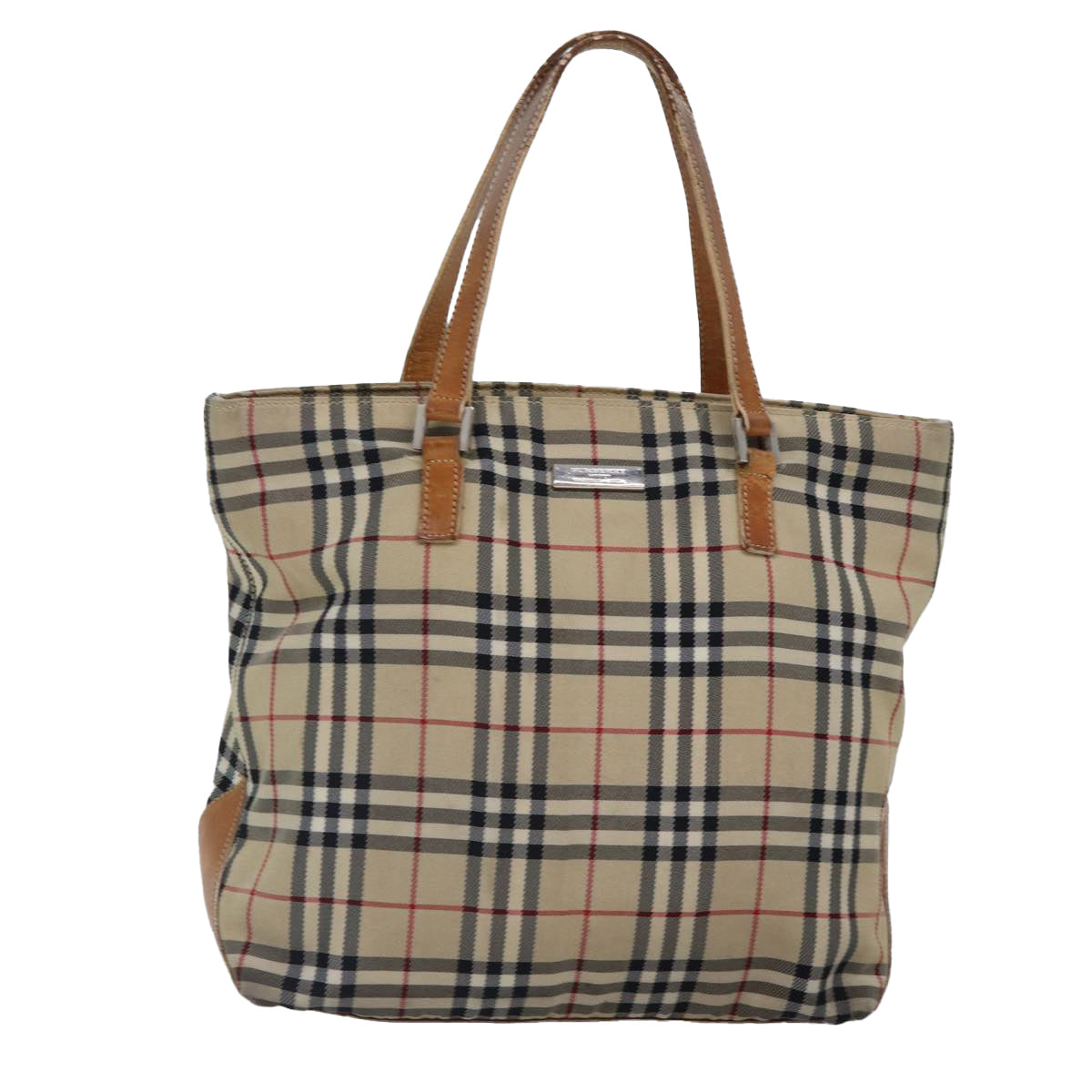 BURBERRY Nova Check Blue Label Hand Bag Canvas Beige Silver Auth yk14864