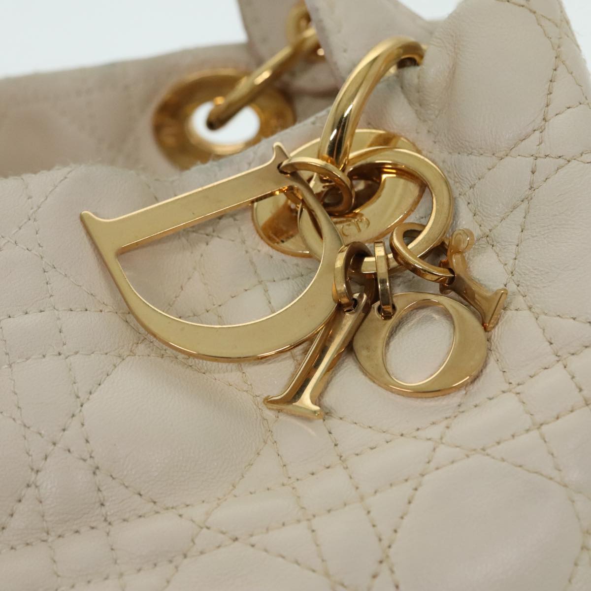 Christian Dior Lady Dior Canage Hand Bag Lamb Skin Vanilla Auth yk14867