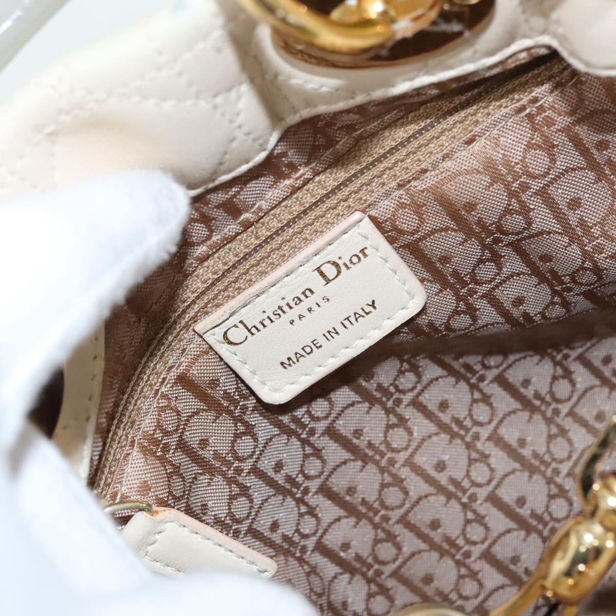 Christian Dior Lady Dior Canage Hand Bag Lamb Skin Vanilla Auth yk14867