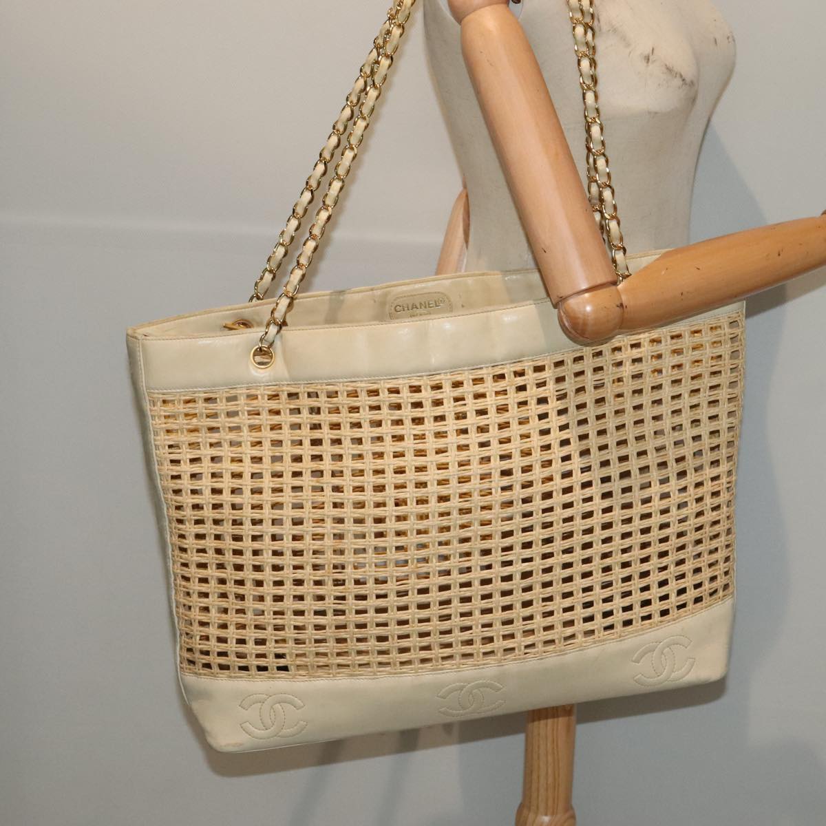 CHANEL COCO Mark Chain Tote Bag Straw Leather Beige Gold CC Auth yk14915