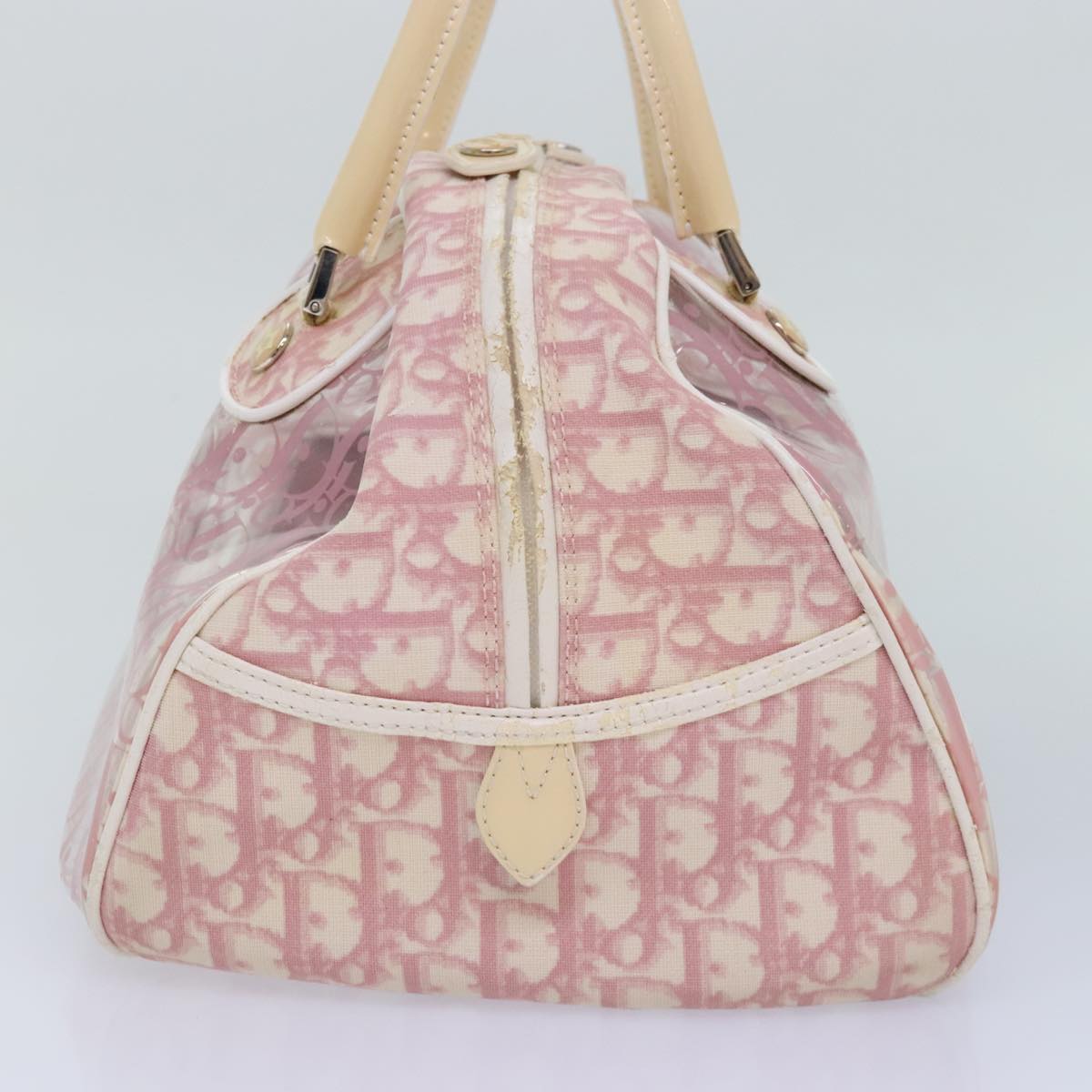 Christian Dior Trotter Canvas Hand Bag Vinyl Pink Beige Silver Auth yk14919