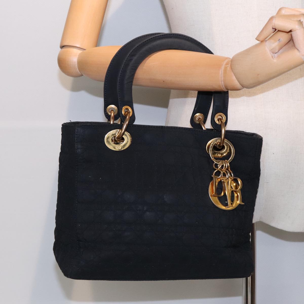 Christian Dior Canage Hand Bag Nylon Black Gold Auth yk14921