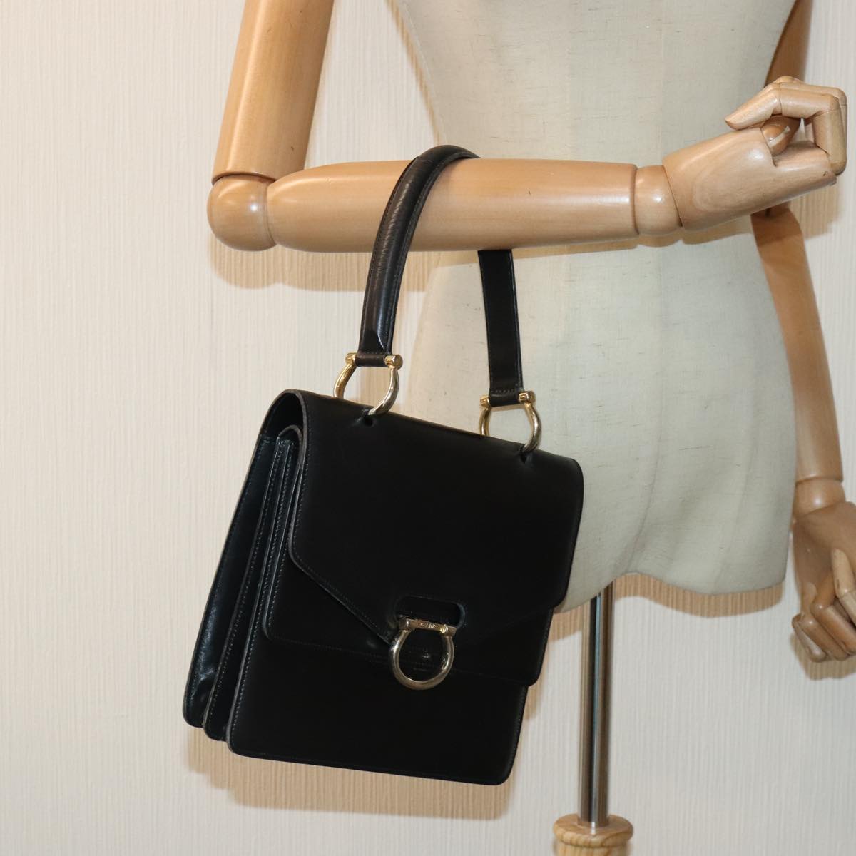 CELINE Hand Bag Leather Black Gold Auth yk14922