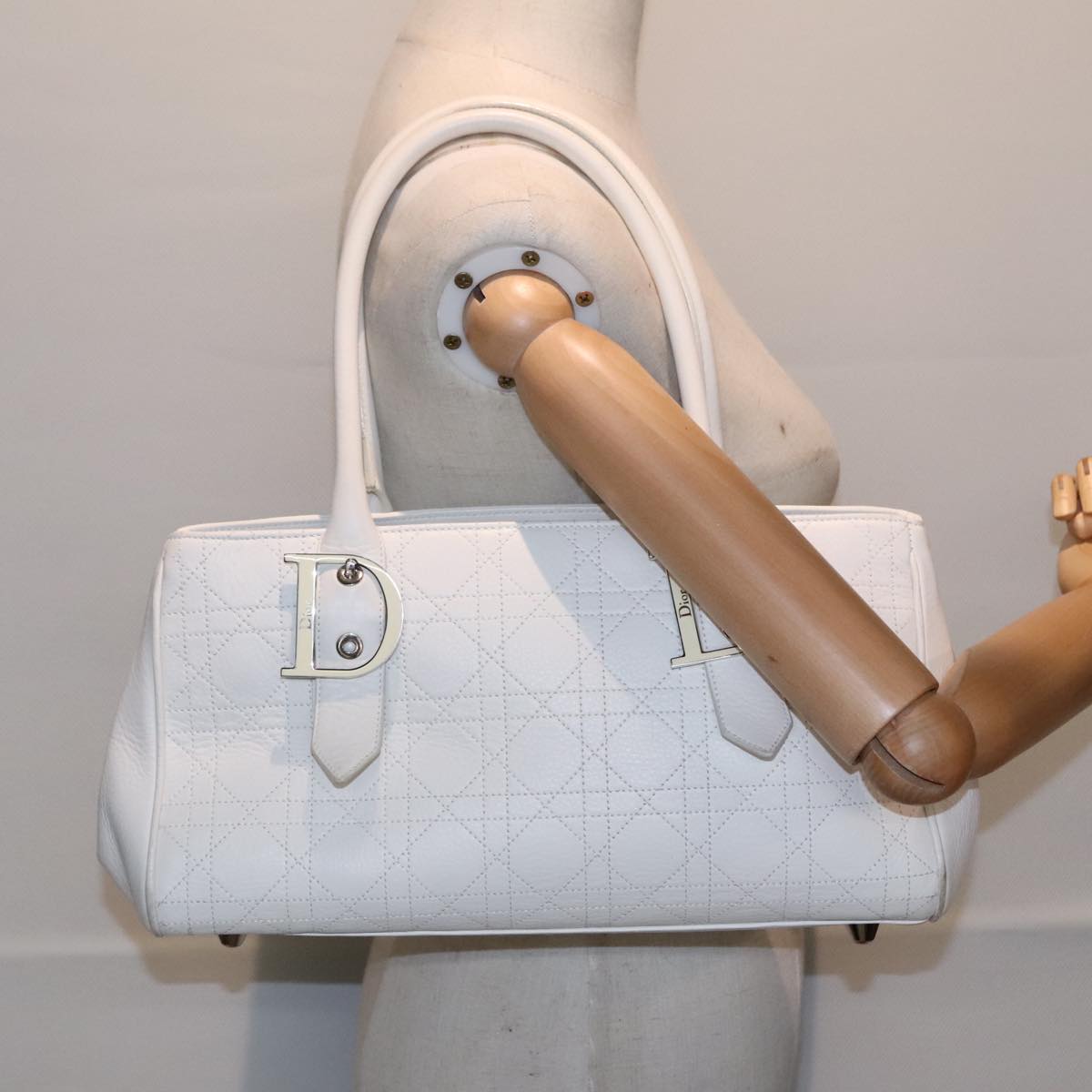 Christian Dior Canage Hand Bag Leather White Silver Auth yk14929