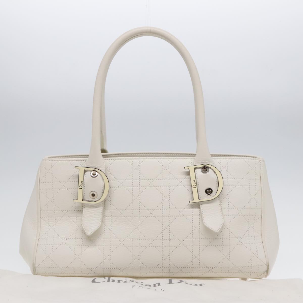 Christian Dior Canage Hand Bag Leather White Silver Auth yk14929