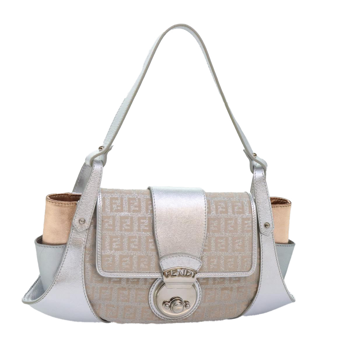 FENDI Zucchino Canvas Hand Bag Silver Black Auth yk14936