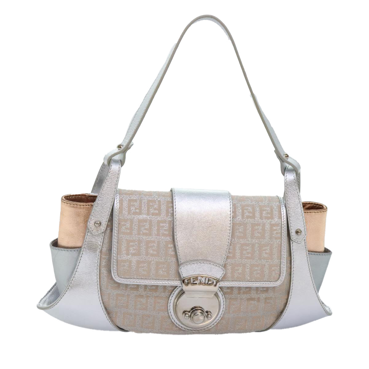 FENDI Zucchino Canvas Hand Bag Silver Black Auth yk14936