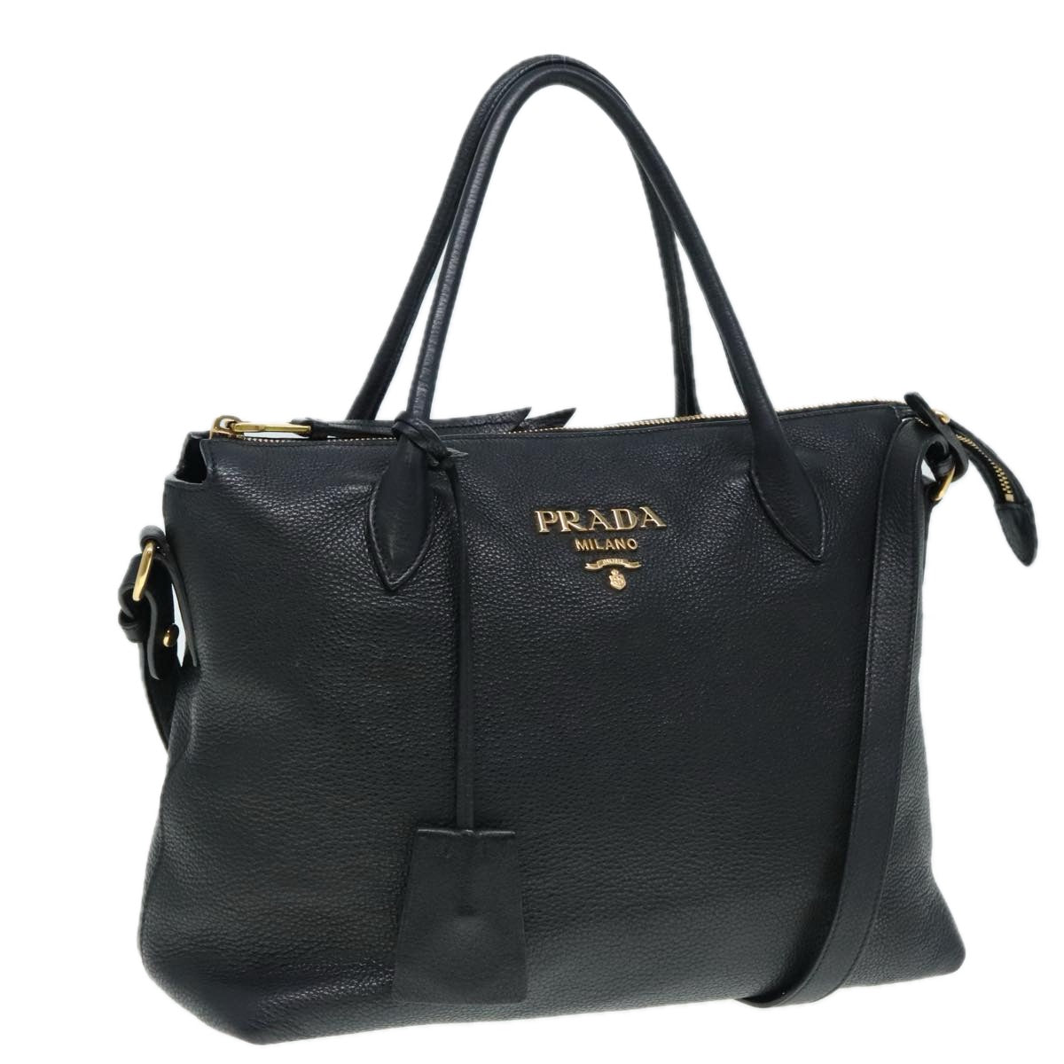 PRADA Hand Bag Leather 2way Black Gold 1BA157 Auth yk14949