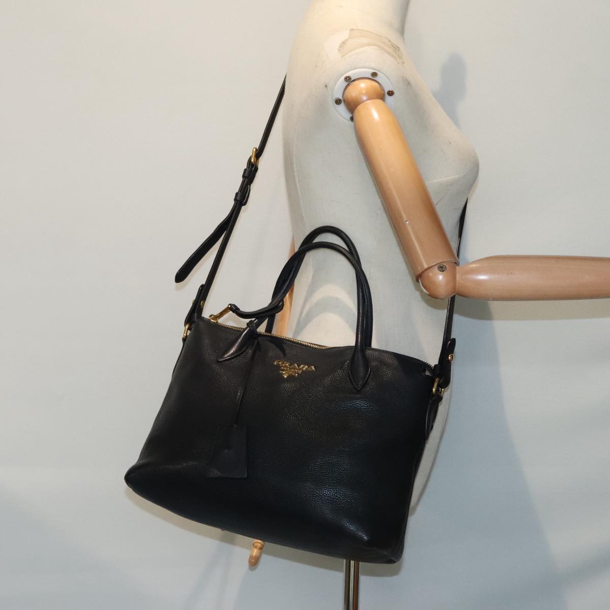 PRADA Hand Bag Leather 2way Black Gold 1BA157 Auth yk14949