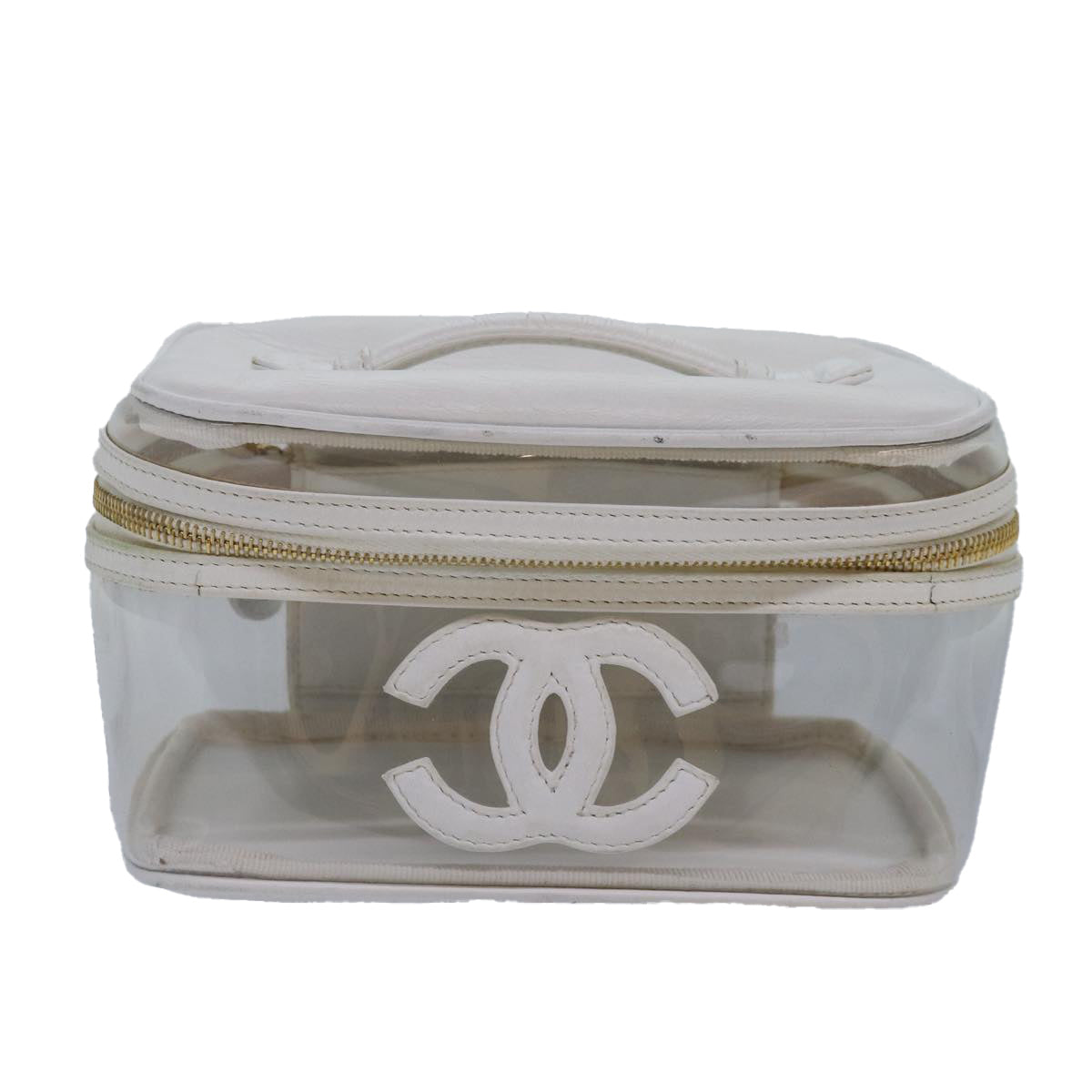 CHANEL COCO Mark Vanity Pouch Vinyl Clear Gold CC Auth yk14951