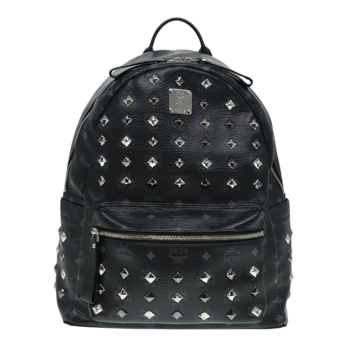 MCM Vicetos Logogram Studs Backpack PVC Black Silver Auth yk14954
