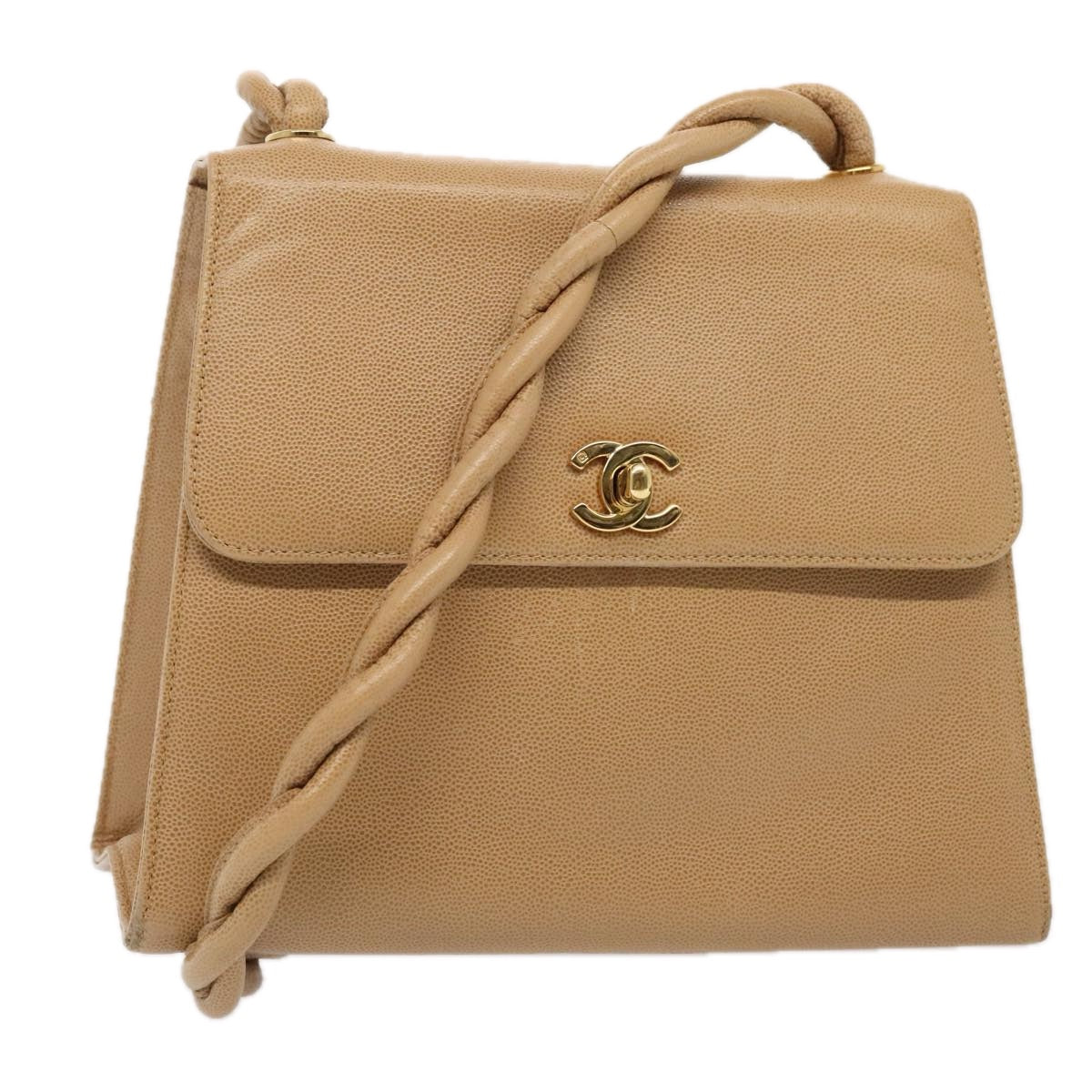 CHANEL Turn Lock Shoulder Bag Caviar Skin Beige Gold CC Auth yk14960V