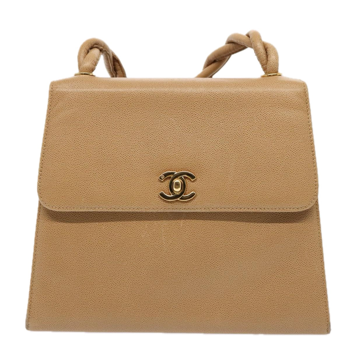 CHANEL Turn Lock Shoulder Bag Caviar Skin Beige Gold CC Auth yk14960A