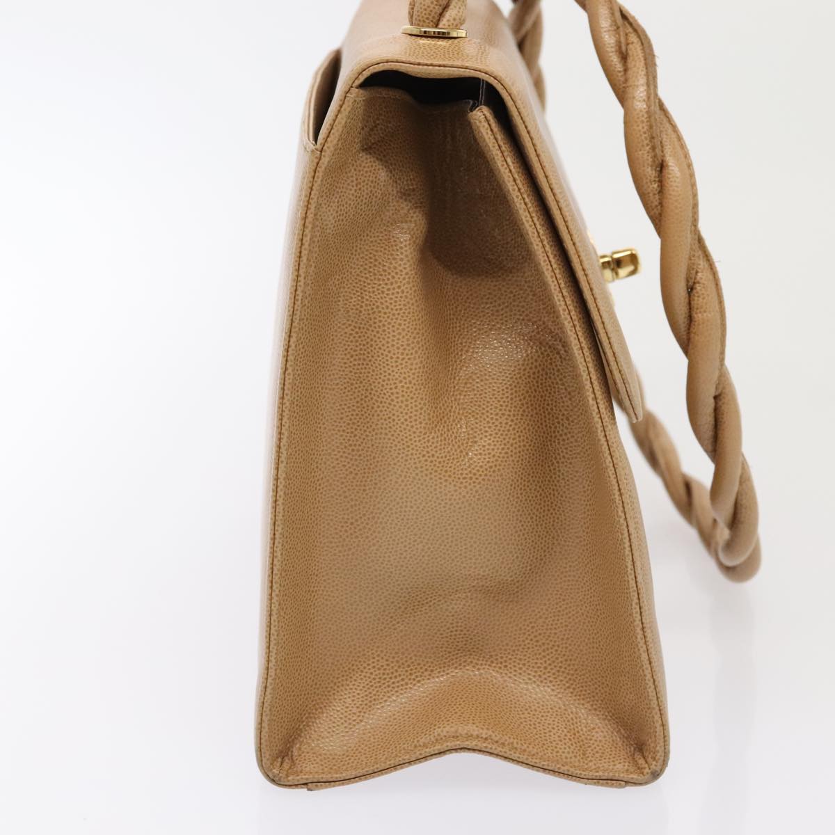 CHANEL Turn Lock Shoulder Bag Caviar Skin Beige Gold CC Auth yk14960V