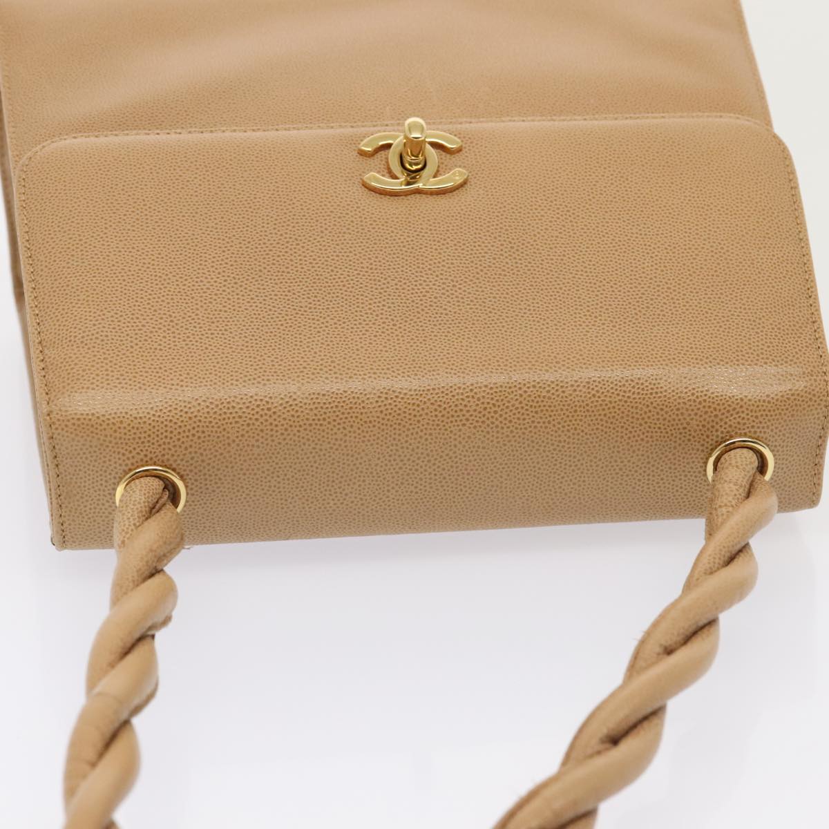 CHANEL Turn Lock Shoulder Bag Caviar Skin Beige Gold CC Auth yk14960V