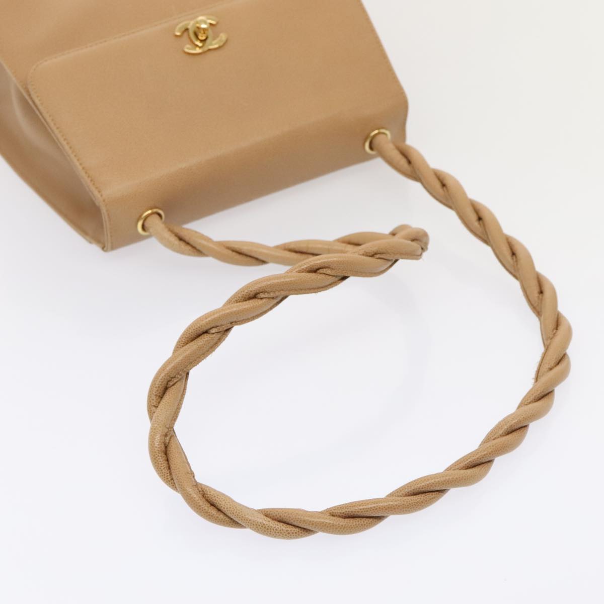 CHANEL Turn Lock Shoulder Bag Caviar Skin Beige Gold CC Auth yk14960V