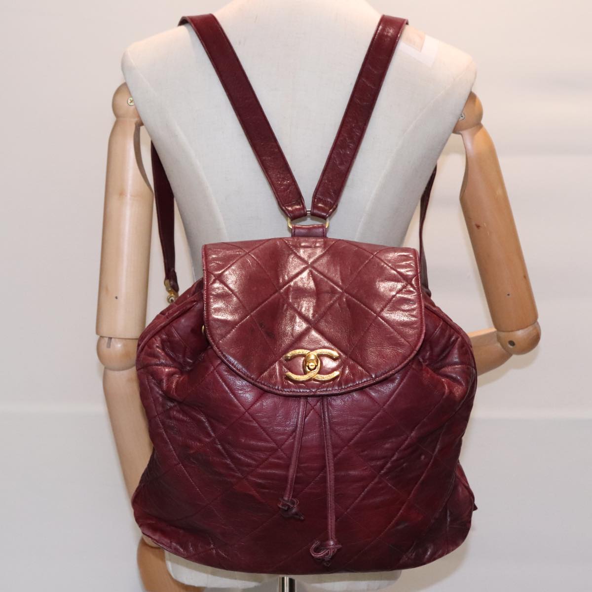 CHANEL Matelasse Turn Lock Chain Backpack Leather Bordeaux CC Auth yk14964