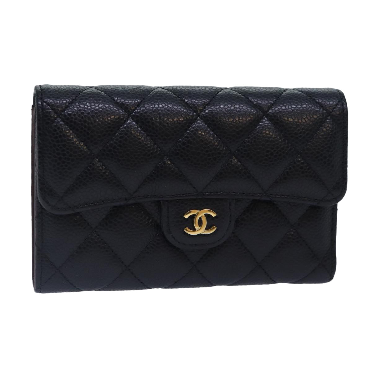 CHANEL Matelasse Medium Wallet Caviar Skin Black Gold AP0232 CC Auth yk14970A