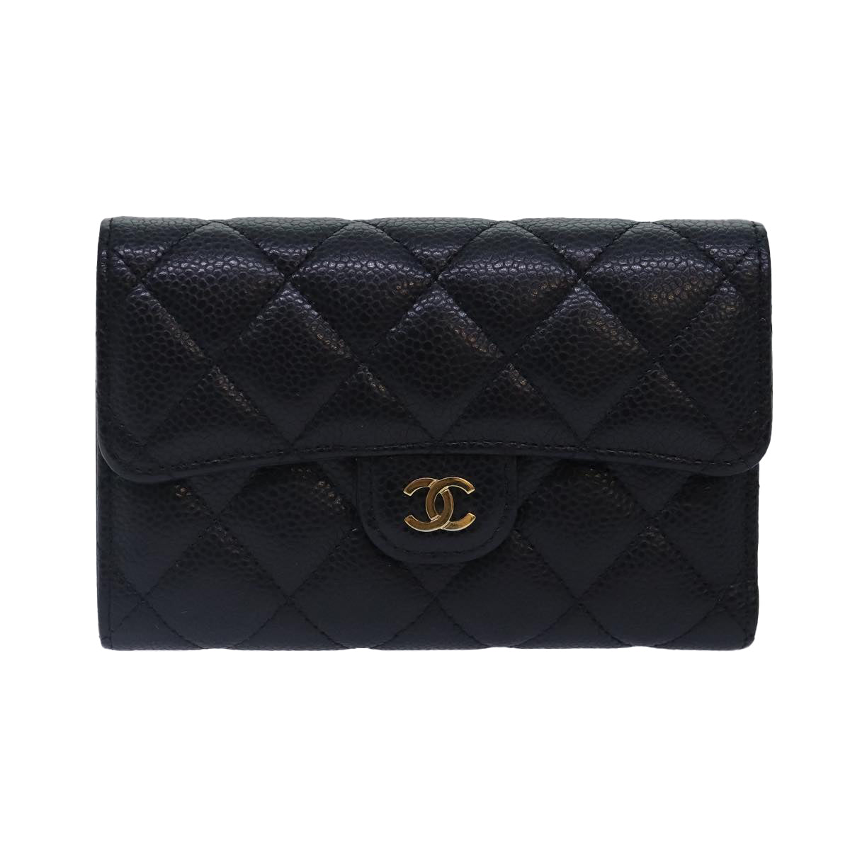 CHANEL Matelasse Medium Wallet Caviar Skin Black Gold AP0232 CC Auth yk14970A