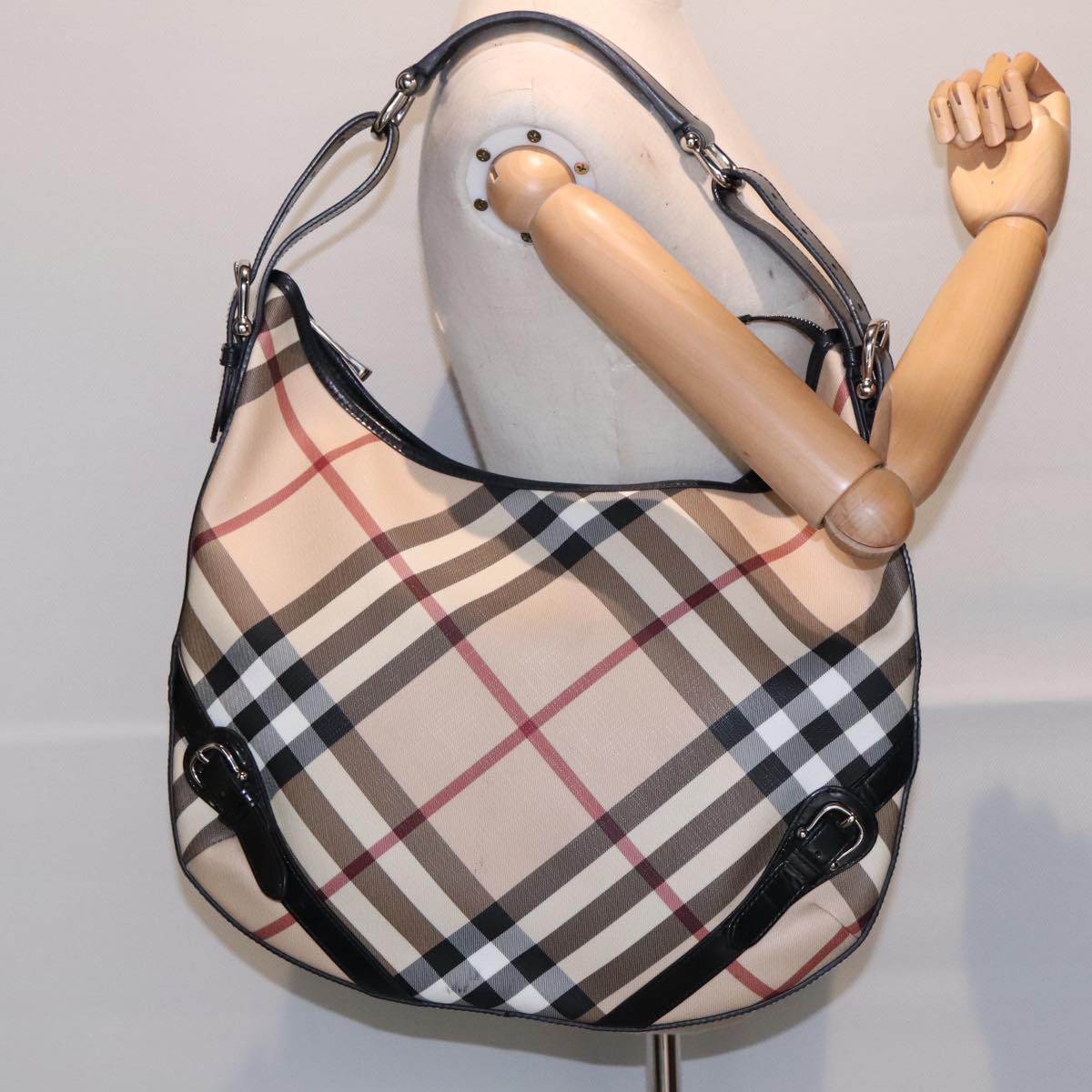 BURBERRY Nova Check Shoulder Bag PVC Beige Silver Auth yk14989