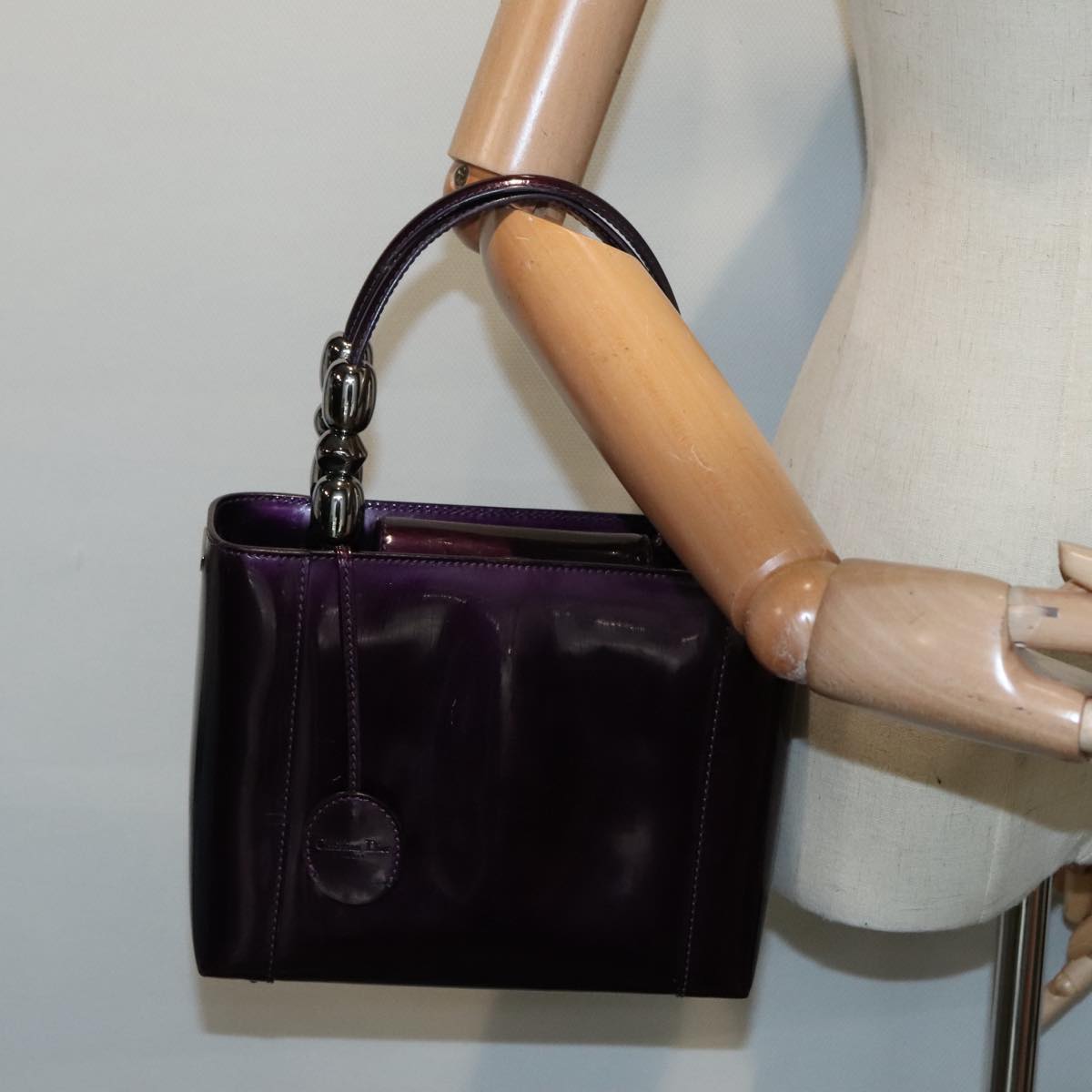 Christian Dior Maris Pearl Hand Bag Patent leather Purple Silver Auth yk15003