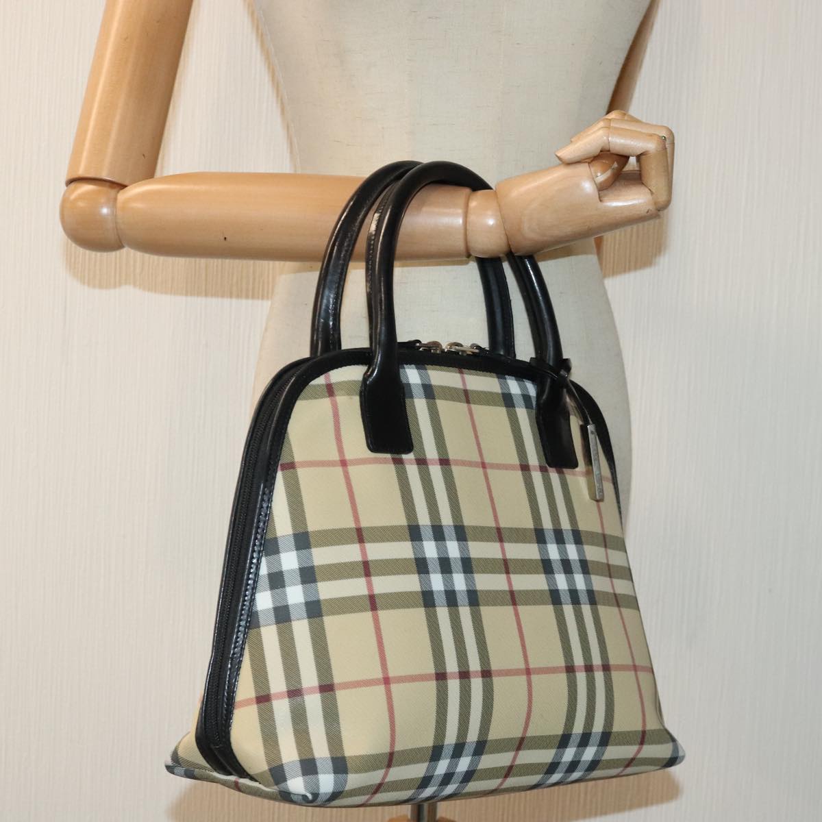 BURBERRY Nova Check Hand Bag PVC Beige Silver Auth yk15010