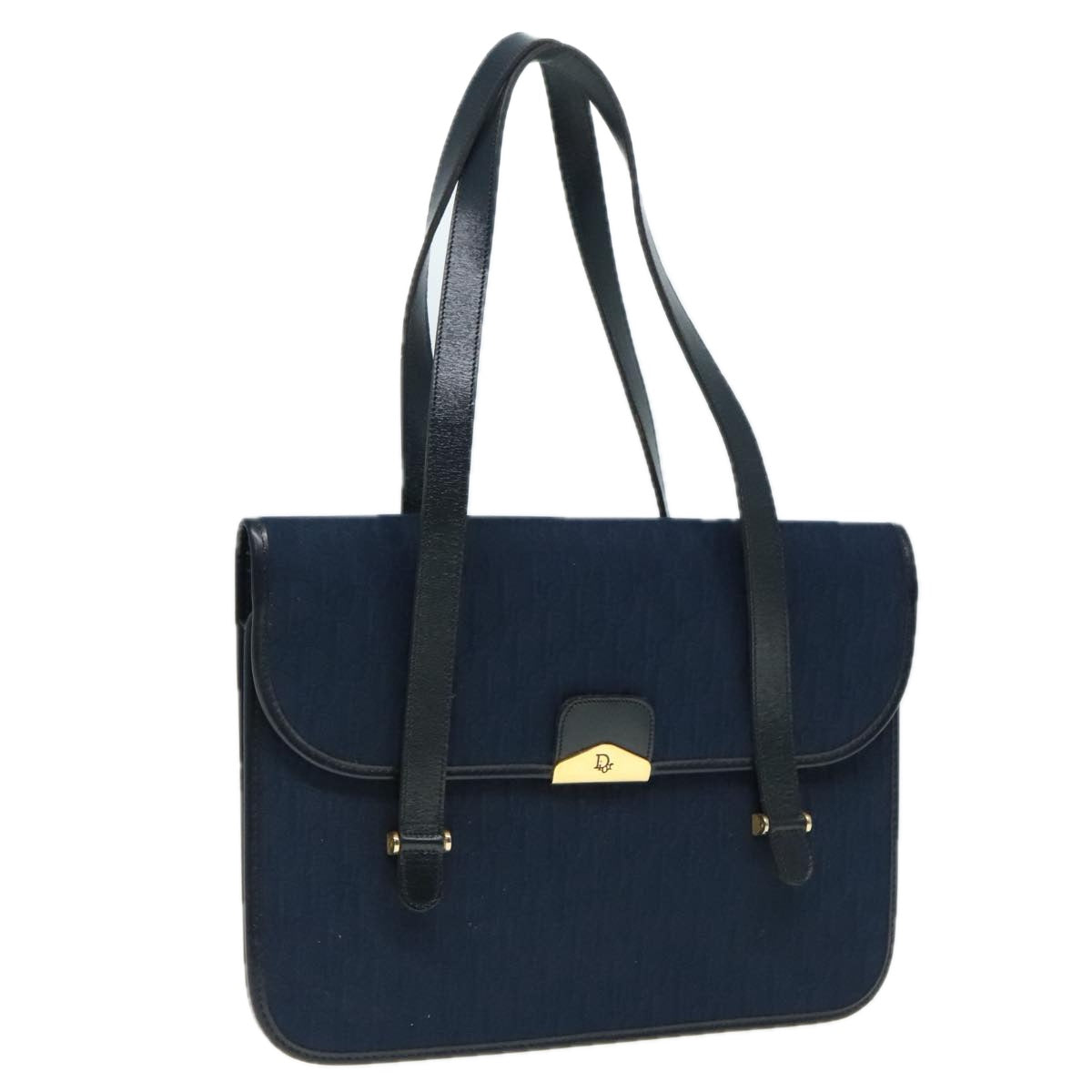 Christian Dior Trotter Canvas Hand Bag Navy Gold Auth yk15016