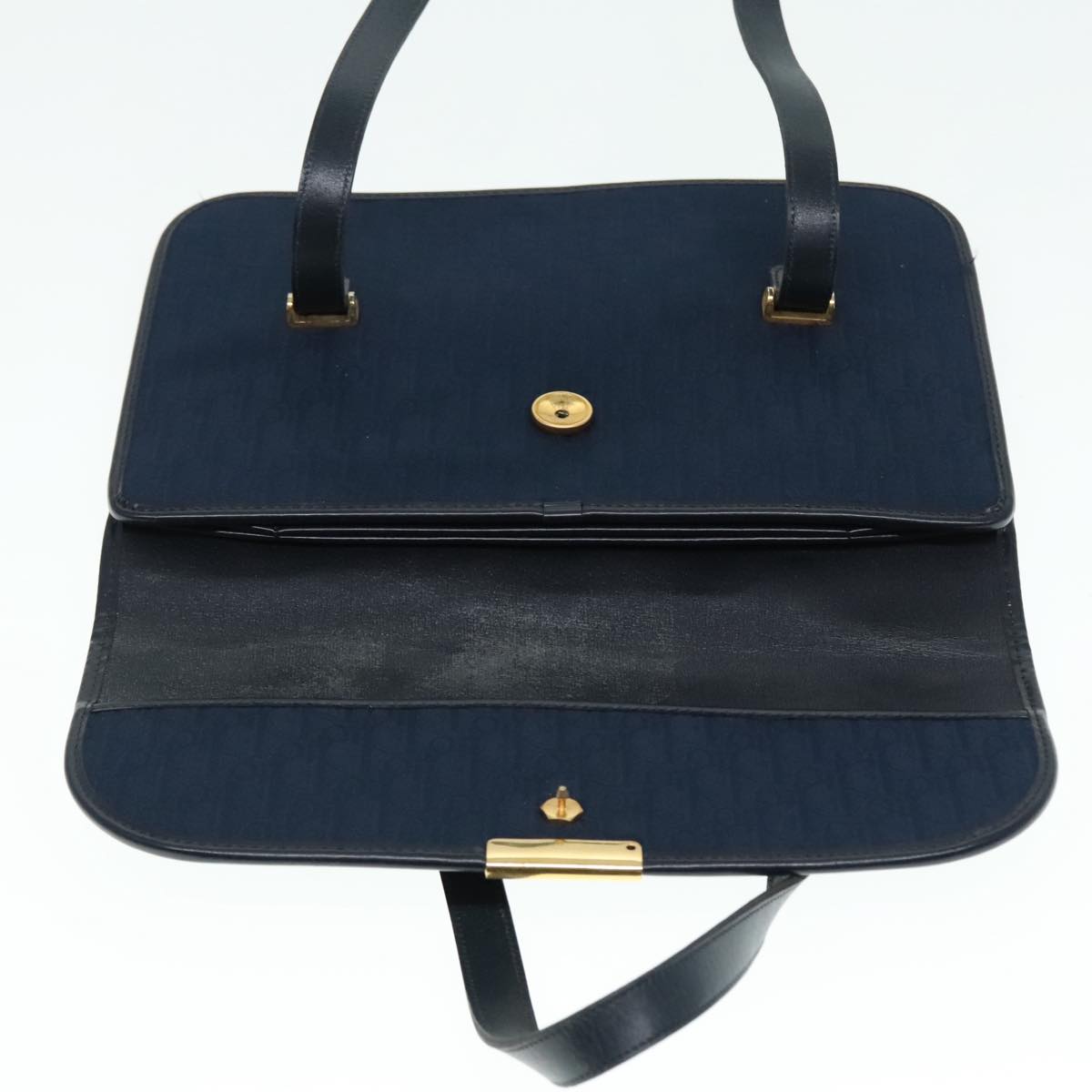 Christian Dior Trotter Canvas Hand Bag Navy Gold Auth yk15016