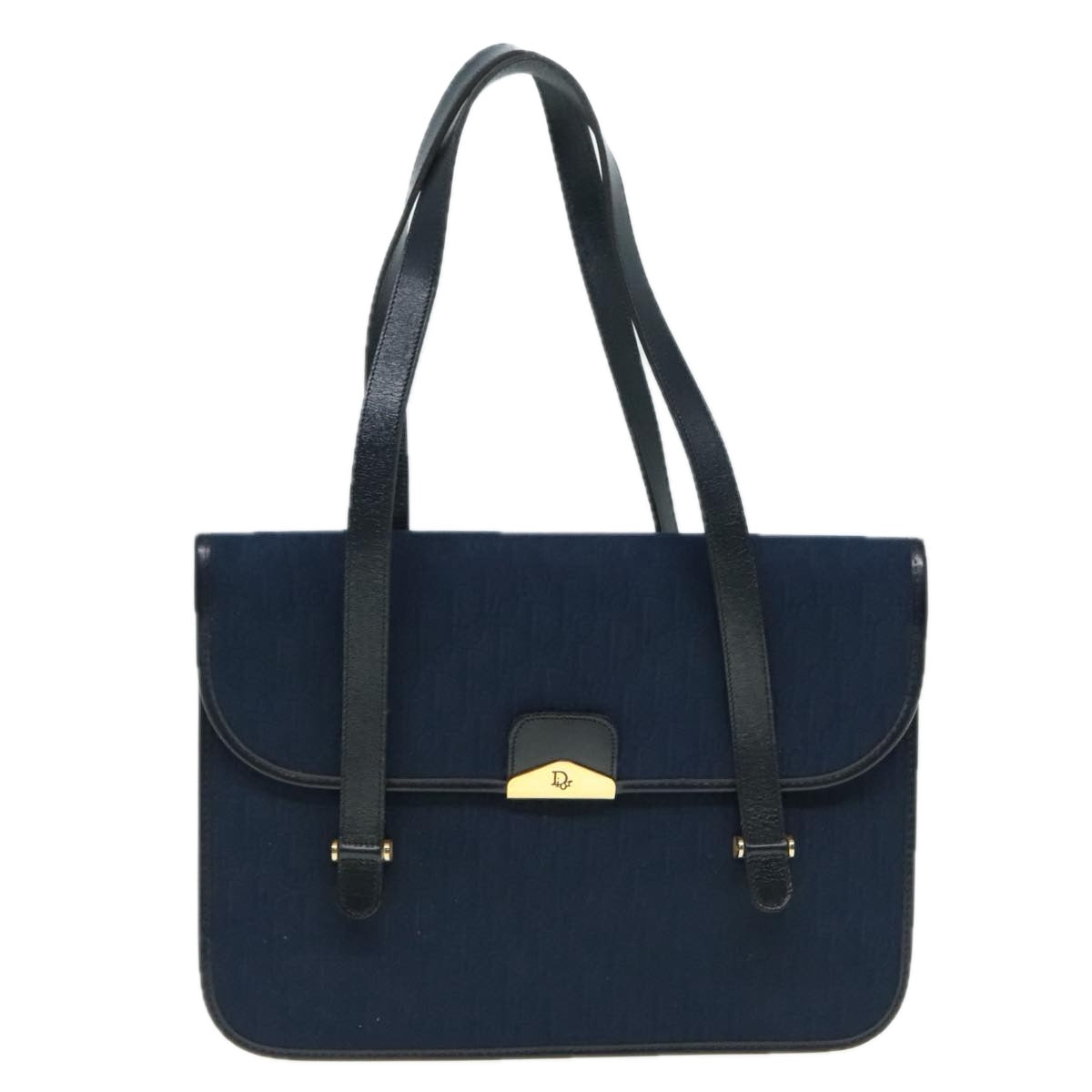 Christian Dior Trotter Canvas Hand Bag Navy Gold Auth yk15016