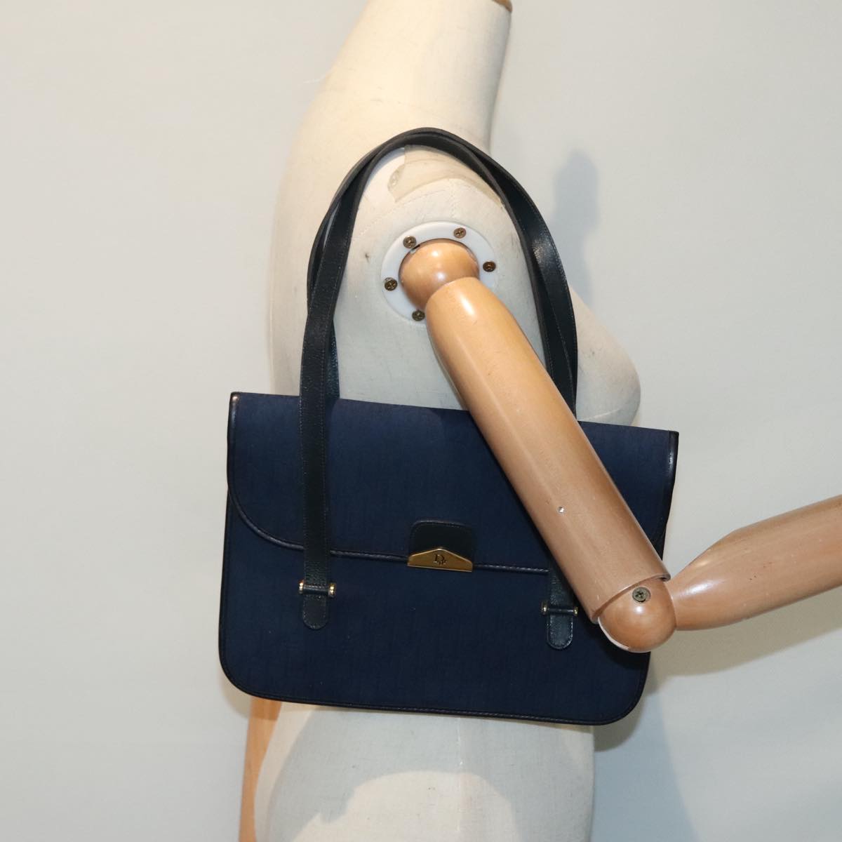 Christian Dior Trotter Canvas Hand Bag Navy Gold Auth yk15016