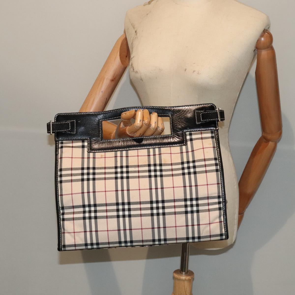 BURBERRY Nova Check Blue Label Hand Bag Nylon Leather Beige Silver Auth yk15023