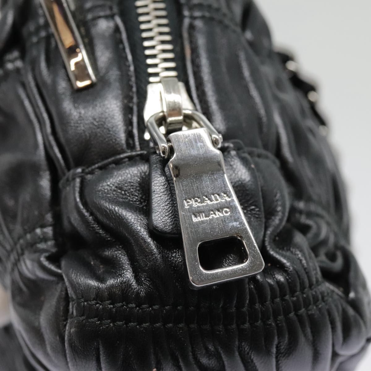 PRADA Chain Gathered Hand Bag Leather 2way Black Silver Auth yk15035