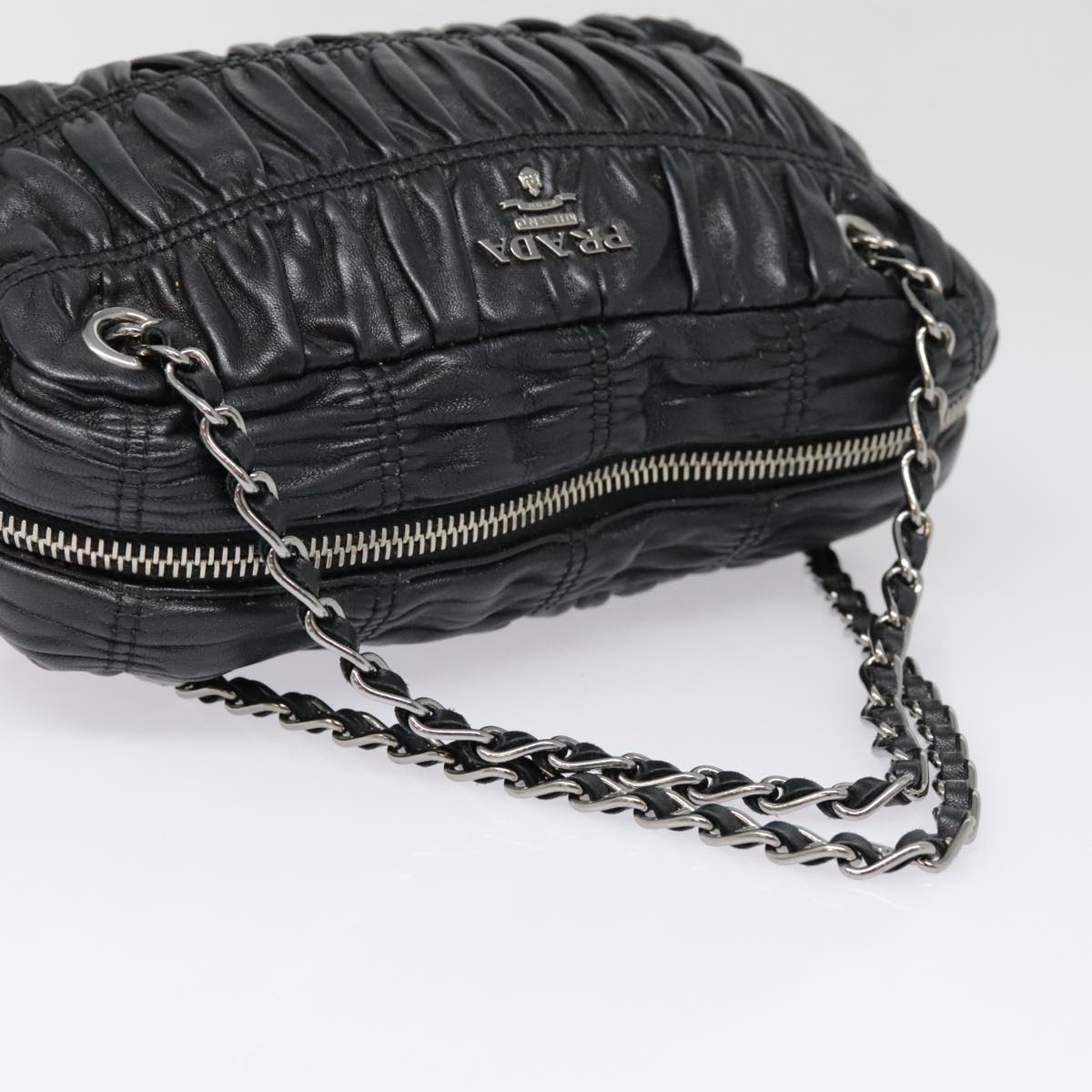 PRADA Chain Gathered Hand Bag Leather 2way Black Silver Auth yk15035