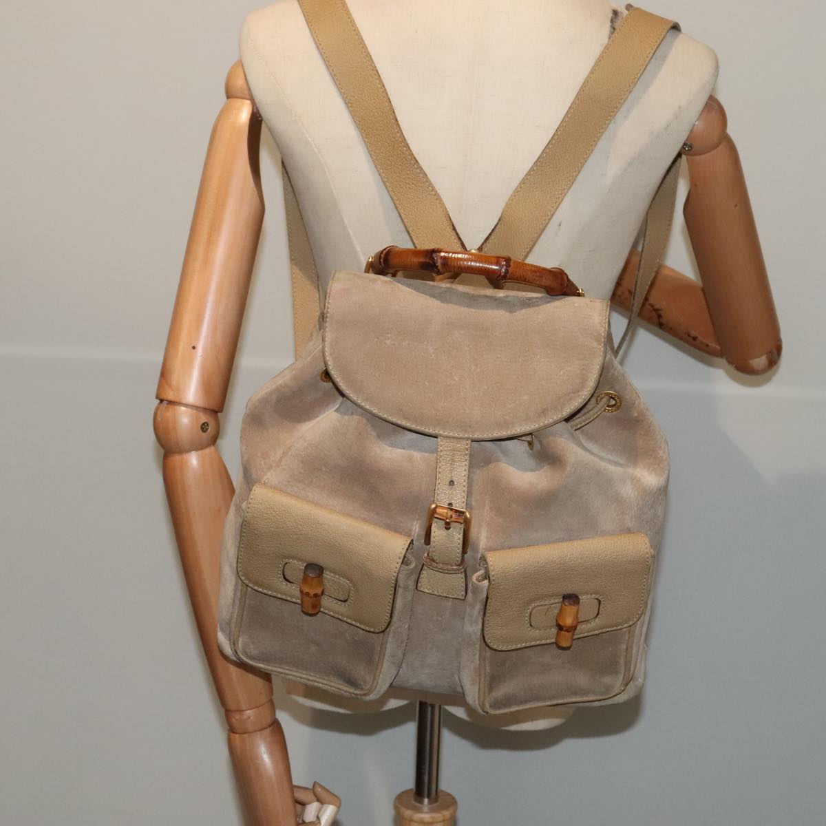 GUCCI Bamboo Backpack Suede Outlet Beige Gold 003 1998 0016 Auth yk15048