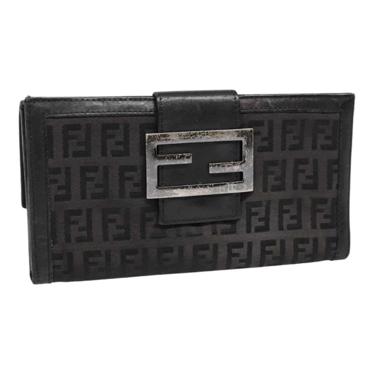 FENDI Zucchino Canvas Long Wallet Black Silver Auth yk15074