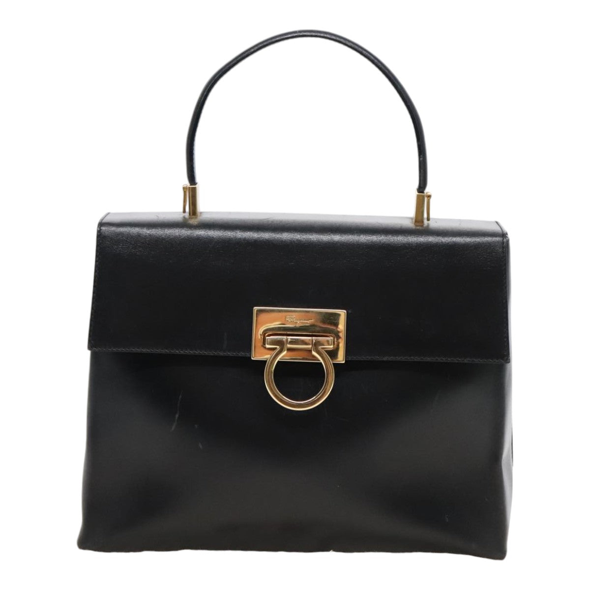 Salvatore Ferragamo Gancini Hand Bag Leather Black Gold Auth yk15082