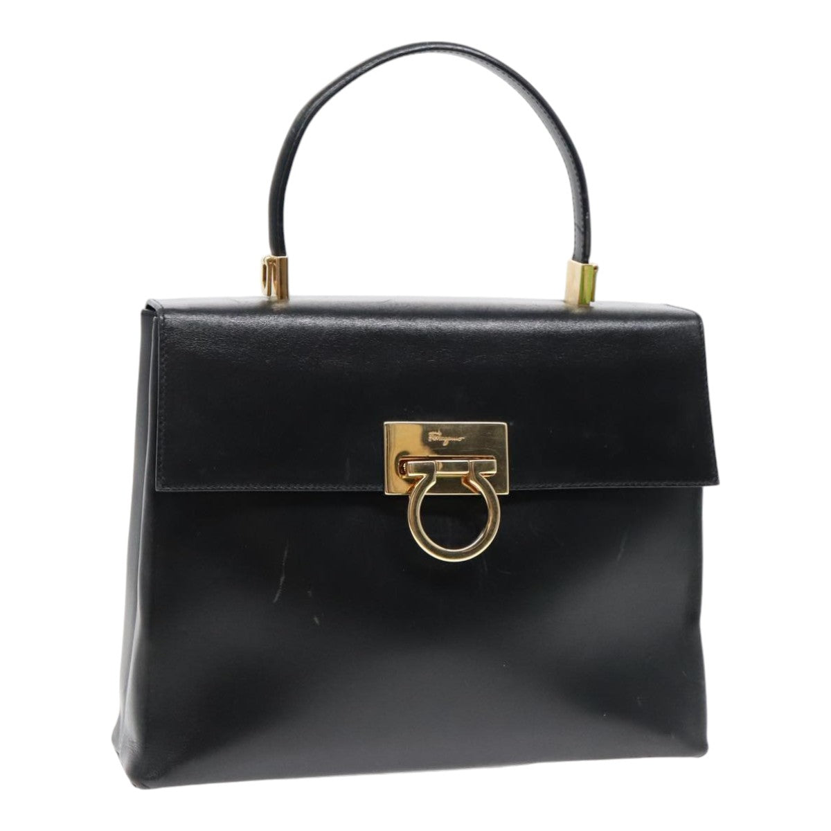 Salvatore Ferragamo Gancini Hand Bag Leather Black Gold Auth yk15082