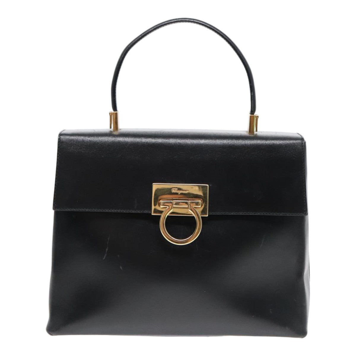 Salvatore Ferragamo Gancini Hand Bag Leather Black Gold Auth yk15082