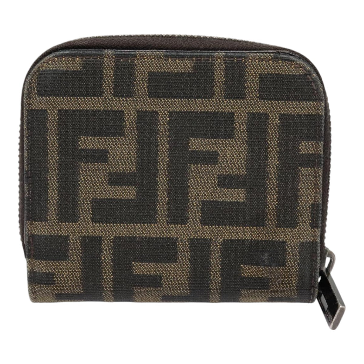 FENDI Zucca Canvas Compact Wallet Black Brown Silver Auth yk15087