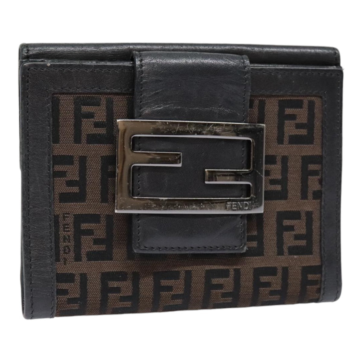 FENDI Zucchino Canvas Compact Wallet Black Brown Silver Auth yk15088